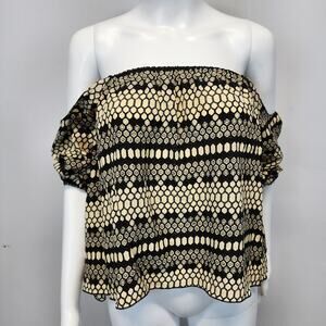 Merritt Charles x Revolve Off Shoulder Blouse Size XS 100% Silk Black Tan Geo